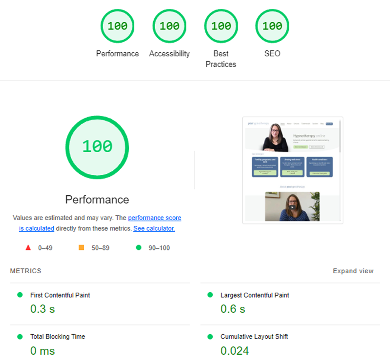 These Core Web Vital Scores are for one of our happypath websites. 100% across the board.