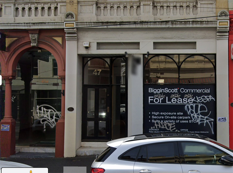 This premises in Melbourne may already have a new tenant but the picture shows graffiti covered for lease signage.