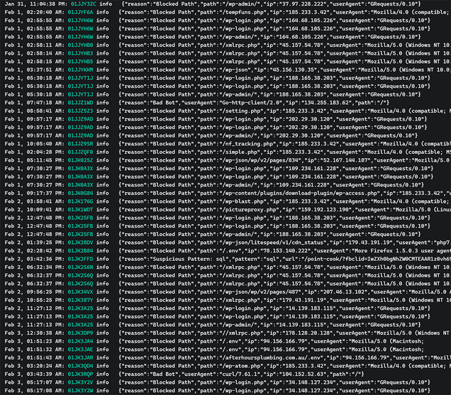 Log file showing probe attempts by automated bots looking for WordPress vulnerabilities